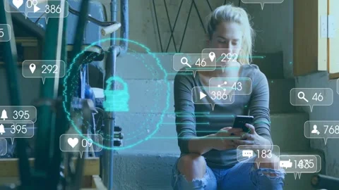 Woman sitting steps using phone, teal data sparking tech alerts and pulsing lock Stock Footage 328417842