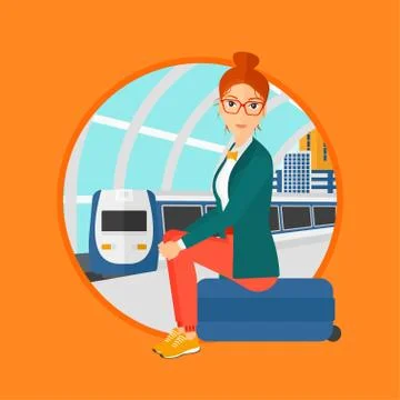 Woman sitting on suitcase at the train station. Stock Illustration