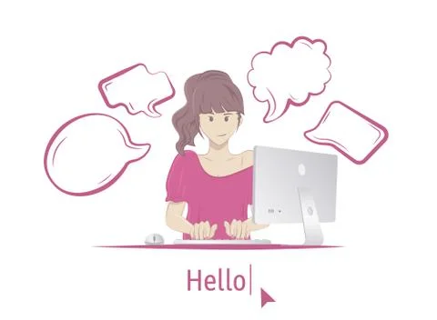 Woman sitting at table with computer. Isolated on a white background Stock Illustration