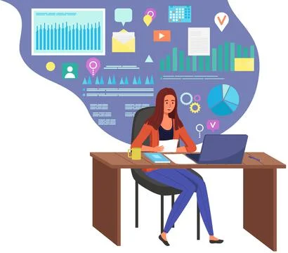 Woman sitting at table with computer next to poster with diagram. Business 스톡 일러스트