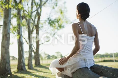 Woman sitting on top of log pile, rear view Stock Photos