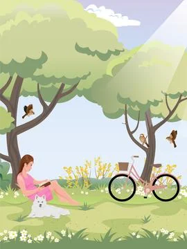 A woman sitting under a tree reading a book Stock Illustration