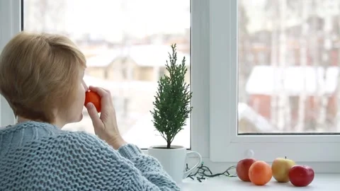 A woman sitting by the window next to fruit and a small Christmas tree Stock Footage 255545356