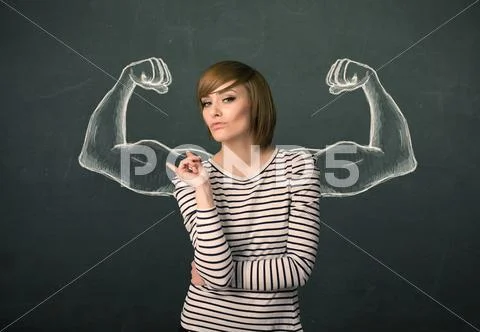 Woman with sketched strong and muscled arms Stock Photos