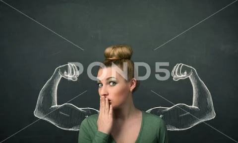 Woman with sketched strong and muscled arms Stock Photos