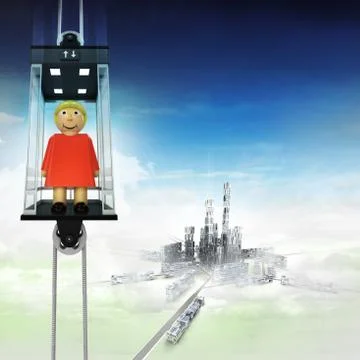 Woman in sky space elevator concept above city illustration Ilustración de archivo