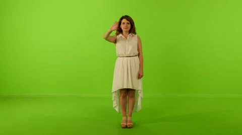 Woman slide virtual screen  greenscreen front 4K 스톡 동영상 57312349