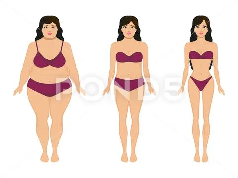 Woman slimming, fat slim girl, female weight loss Stock Illustration