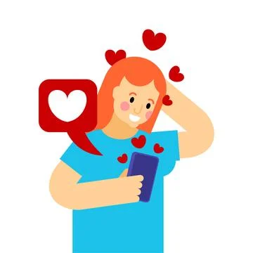 Woman smiles while looking at her phone, surrounded by hearts and like icon.. Stock Illustration