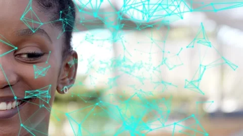 Woman smiling and blinking while node network appearing then sweeping across Stock Footage 333078492