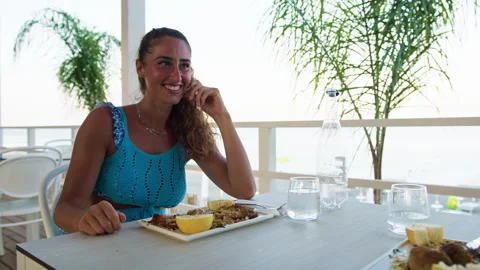Woman Smiling And Drinking During Lunch Stock Footage 280680109