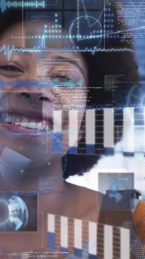 Woman smiling at camera, camera holding causing HUD bars rising then thinning, Stock Footage 334187381
