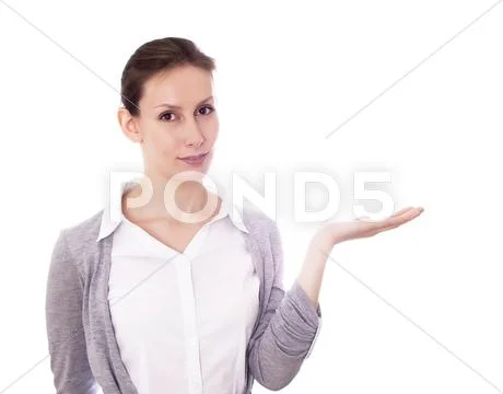 Woman smiling holding hand palm Stock Photos