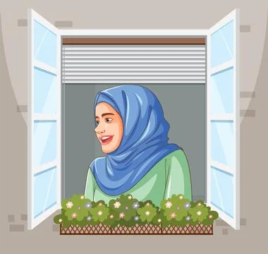 Woman Smiling at Open Window Stock Illustration