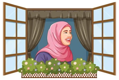 Woman Smiling at Open Window Stock Illustration