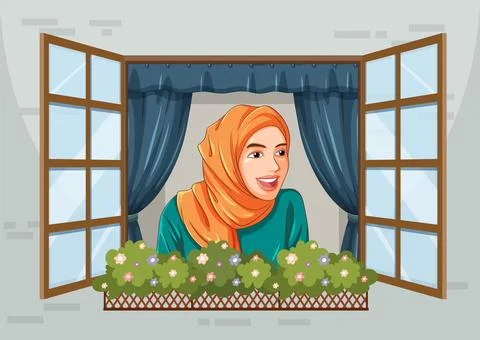 Woman Smiling at Open Window Stock Illustration