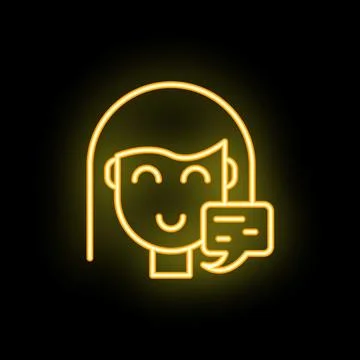 Woman smiling with speech bubble chatting online neon icon Stock Illustration
