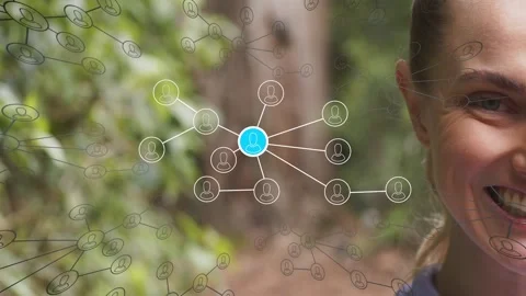 Woman smiling on trail, data network appearing left face, blue node pulsing, Stock Footage 334242301
