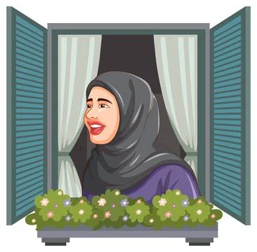 Woman Smiling at Window Stock Illustration