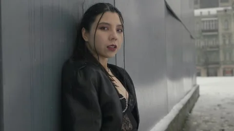 Woman snowfall posing 스톡 동영상 252906795