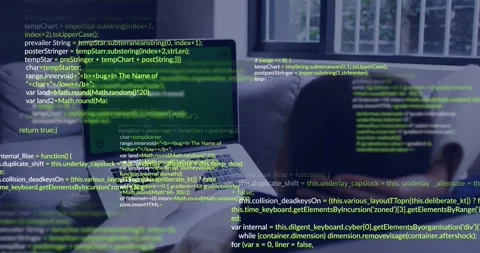 Woman on sofa reviewing code, typing laptop causing green code overlay growing Stock Footage 331832997