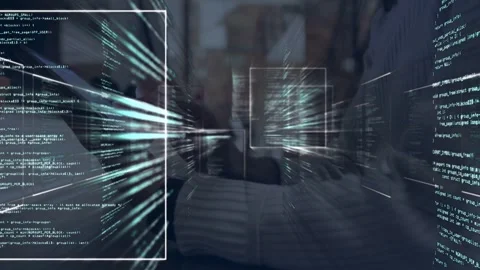 Woman on sofa tapping tablet while tech code panels responding, converging, 스톡 동영상 335316936