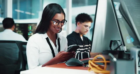 Woman, software developer and typing with phone at office for digital design or Stock Footage 309142311