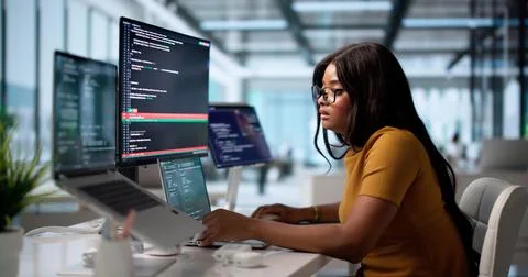 Woman Software Developer Compares Code Versions On Her Laptop Screen. 库存照片
