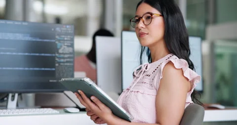 Woman, software developer or thinking with tablet in office for data Stock Footage 329402656
