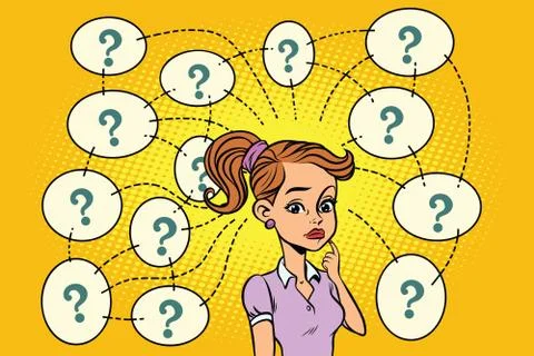 Woman solves the problem, questions and reflections Stock Illustration