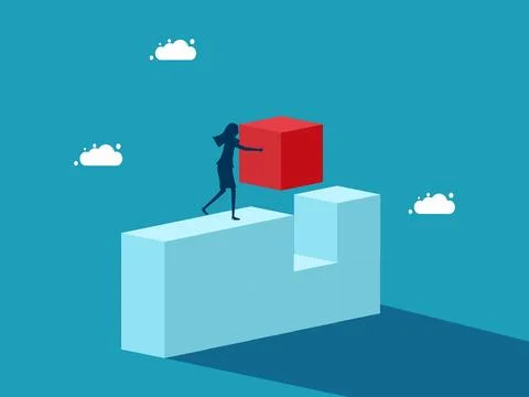 Woman solving a problem with a red cube. business concept 스톡 일러스트