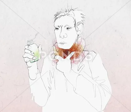 A woman with a sore throat holding medicine Stock Illustration