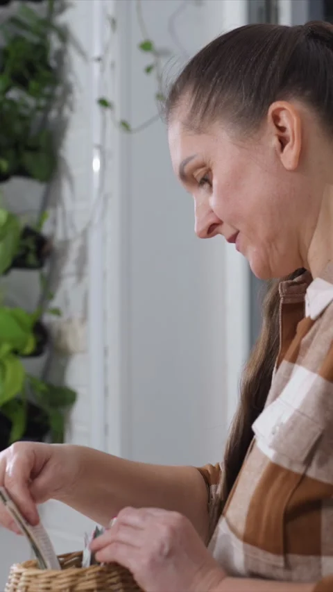 Woman Sorting Seed Packets in Indoor Vertical Garden Setup showing packet plant Stock Footage 346789290