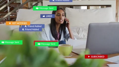 Woman speaking on phone checking docs in home after pause, social badges Stock Footage 336714355