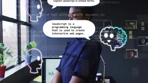 Woman, speech bubble asking Explain JS to her, AI brain converting binary to 스톡 동영상 333317890