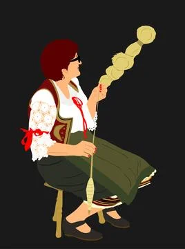 Woman spinning spool of string being spun from raw wool Stock Illustration