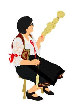 Woman spinning spool of string being spun from raw wool Stock Illustration