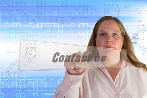 Woman squeezes touch screen Button Contact us Stock Illustration