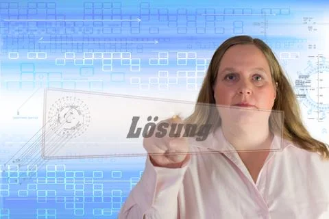 Woman squeezes touch screen Button solution Stock Illustration