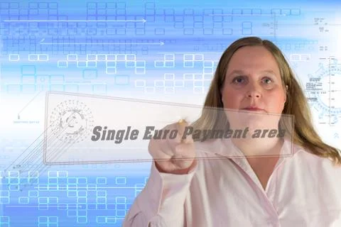 Woman squeezes touch screen Button Single Euro Payment area Illustrazione stock