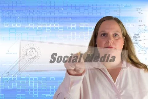 Woman squeezes touch screen Button Social Media Illustrazione stock