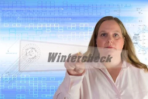 Woman squeezes touch screen Button Winter check Stock Illustration
