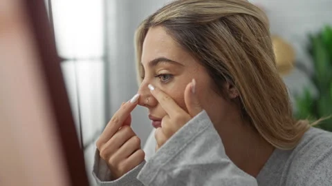 Woman squeezing pimples on nose while looking in mirror inside cozy living .. Stock Footage 307358699