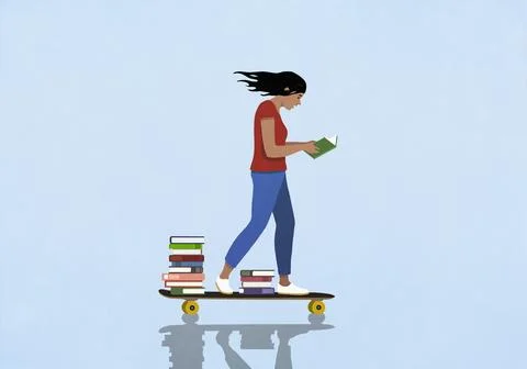 Woman with stack of books reading while skateboarding Stock Illustration