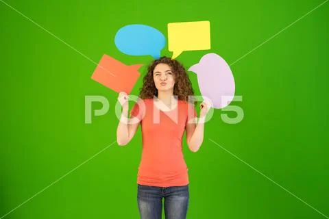 The woman stand and hold dialog signs on the green background Stock Photos