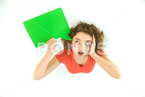 The woman stand with the green dialog sign. View from above Stock Photos
