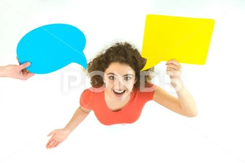 The woman stand near the dialog sign. View from above Stock Photos