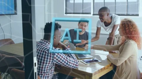 Woman standing and pointing, presenting AI cloud search while blue hologram Stock Footage 334883656