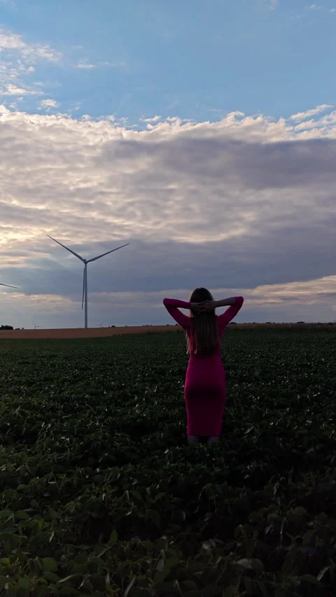 Woman standing back to camera looking at wind turbines in green field Stock Footage 341097801