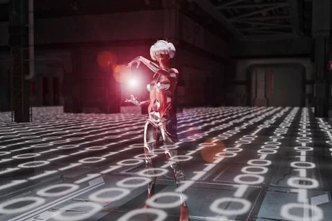 Woman standing in binary code where virtual reality goggles Stock Photos